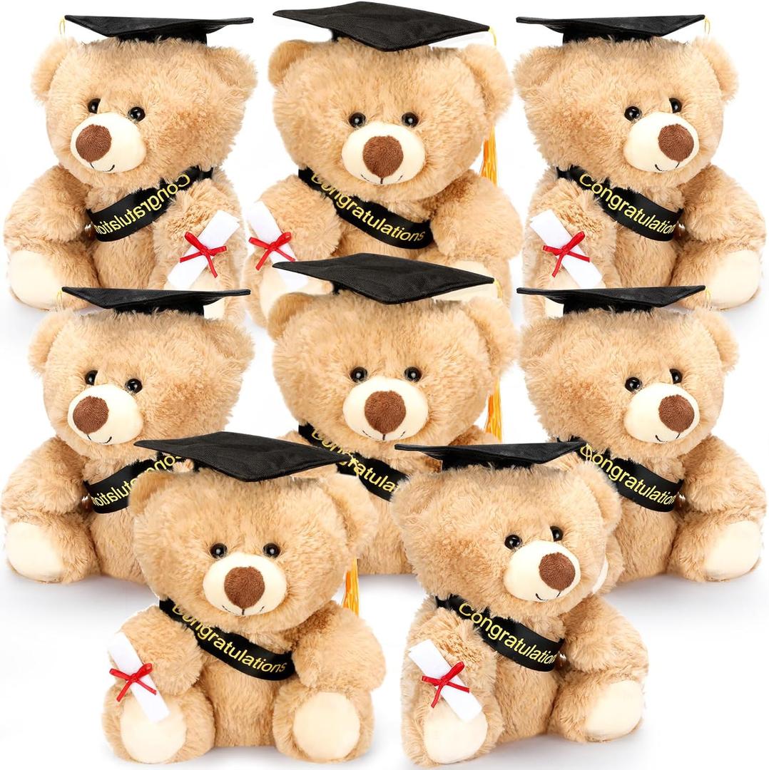 Jenaai 8 Pcs Graduation Bear 2026 with Black Cap 10 Inches Bulk Class of 2026 Soft Cute Bear Stuffed Animal Toys for Commemorative Celebratory Keepsakes Gift (Black Ribbon)