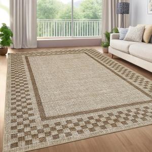 GarveeHome Modern Bordered 8x10 Area Rugs for Living Room Bedroom Soft Washable Large Bedroom Throw Carpet Non Slip Checkered Geometric Rugs for Dining Room Home Decor Office, Taupe