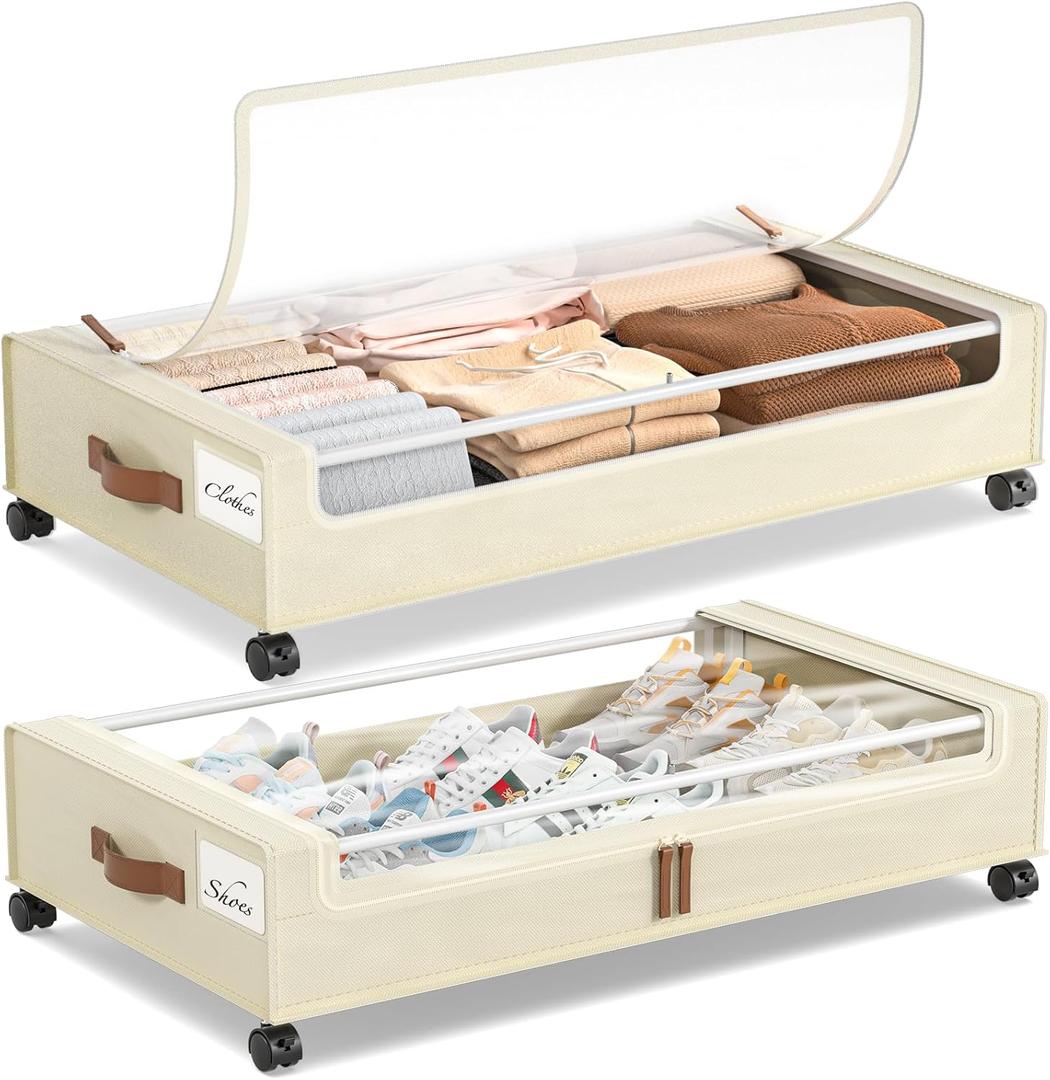 Yecaye Under Bed Storage with Wheels, 2 Pack Under Bed Storage Containers, 60L Underbed Shoe Storage with Clear Window & Label, Rolling Under Bed Metal Drawer for Clothes, Shoes, Books, Blankets (Beige)