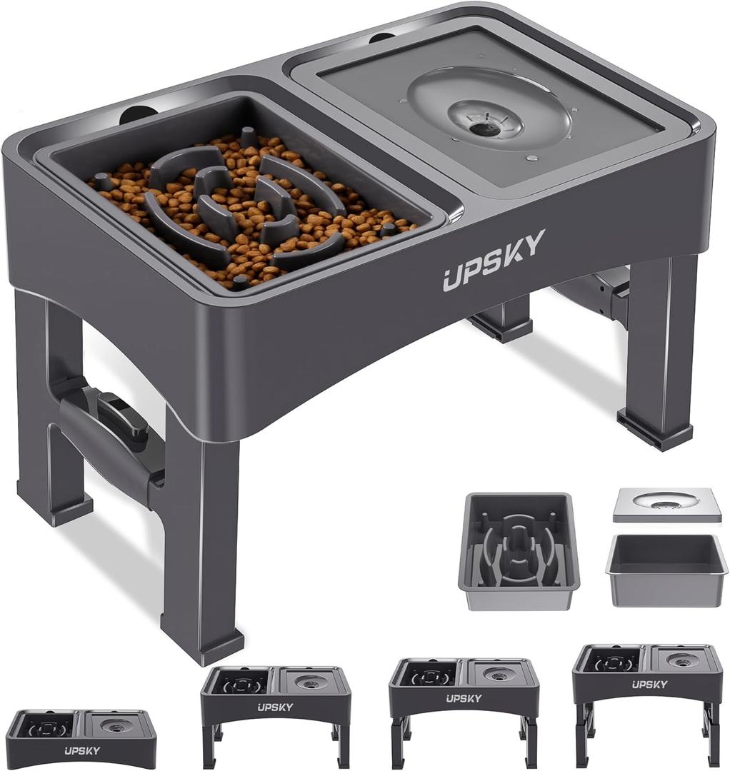 UPSKY 2-in-1 Elevated Dog Bowls Slow Feeder, 4 Height Adjustable Raised Bowl Stand, No Spill Water Dispenser, Anti-Slip Food and Water Bowl for Small Medium Dogs
