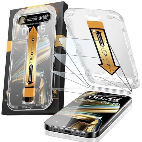 MRGLAS 4-Pack TOP 9H+ Glass for iPhone 15 Pro Screen Protector [Auto Alignment Kit] [10X Military Protection] UNBREAK Tempered Glass Film for iPhone 15 Pro 6.1 inch Longest Durable Case-Friendly