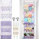 5 Tier Stuffed Animal Storage Shelf Net, 17x61 Inch Large Plushie Net w/LED Light & Clips for Mini Medium Stuffy Teddy, Purple Boho Macrame Wall Toy Holder Display for Nursery Kids Girls Boys