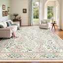 8x10 Area Rugs, Machine Washable Low Pile Floral Rugs for Living Room, Bedroom, Large Boho Area Rug with Non-Slip Backing for Dining Room(Pink Floral)