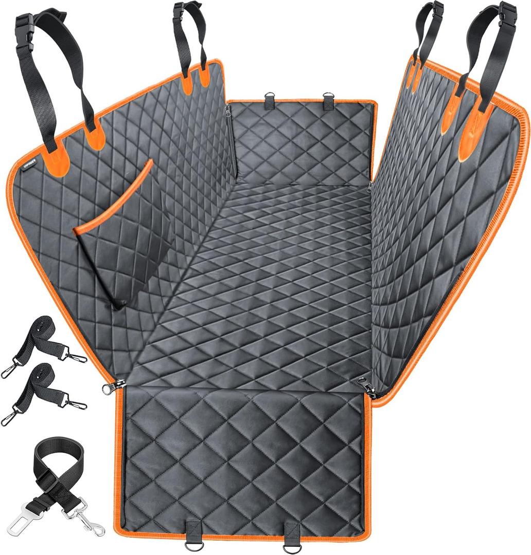 URPOWER Dog Car Seat Cover for Pets 100% Waterproof Hammock 600D Heavy Duty Scratch Proof Nonslip Durable Soft Pet Back Seat Covers for Cars Trucks and SUVs (Black-Orange),Standard (54" W x 58" L)