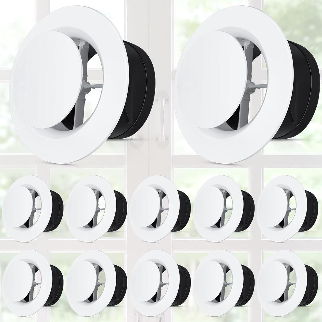 Baquler 12 Pcs 6 Inch Round Air Vent Cover, Adjustable Ceiling Diffuser Vent Bulk, ABS HVAC Cover for Ceiling & Wall, Soffit for Bathroom Kitchen Attic, Easy Install, White