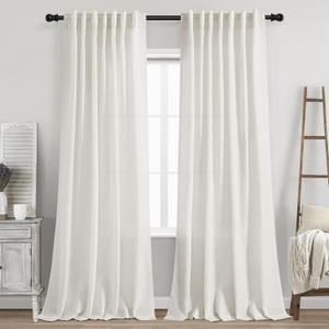 Nanspring Cream Linen Back Tab Curtains 86 Inch Length for Living Room 2 Panel Set Farmhouse Window Semi Sheer Linen Drapes Rustic Pinch Curtain for Bedroom 52X86 (Natural)