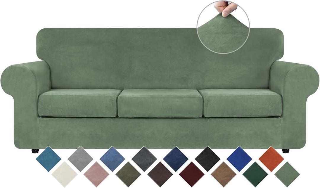 WEERRW 4 Pieces Velvet High Stretch Couch Covers for 3 Cushion Couch Sofa Slipcovers, Washable Furniture Protector with Non Slip Elastic Bottom, Feature Soft Plush Fabric, Greyish Green, Large