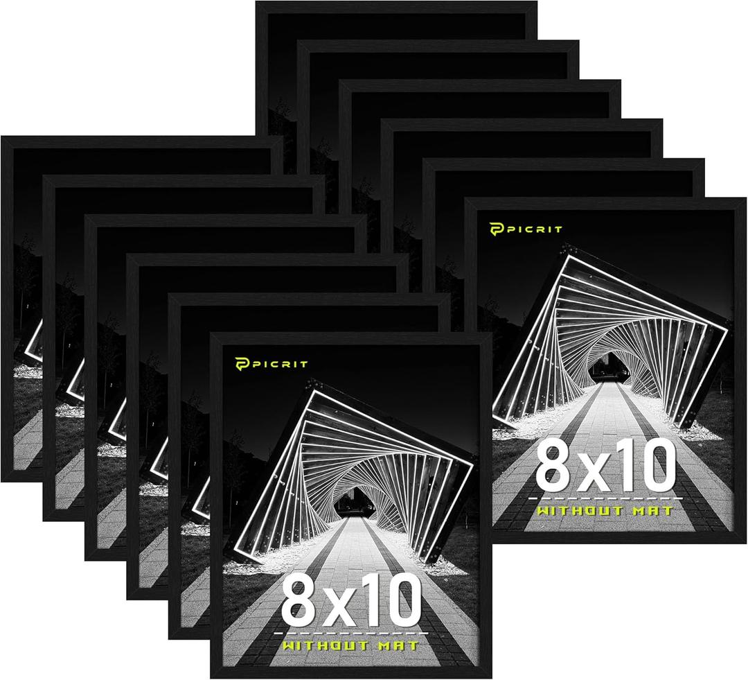 Picrit 8x10 Picture Frame Set of 12, Wall Gallery 8 x 10 Photo Frames without Mat, Multi Photo Display for Home Decor, Black