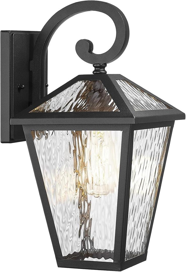 Outdoor Lights Fixtures Wall Mount, Outdoor Wall Lantern with Water Ripple Glass, Waterproof Outside Exterior Wall Sconce Lights Fixture for House, Front Porch, Patio, Large, Matte Black (Medium)