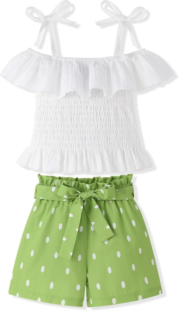 Toddler Girl Clothes Tie Knot Shoulder Sleeveless Ruffle Tops Bow Tie Waist Shorts Toddler Clothes for Girls (4-5T, Green)