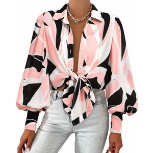 BTFBM Women Fashion Button Down Shirts 2026 V Neck Boho Printed Long Sleeve Blouses Dressy Casual Spring Fall Tops (XX-Large, Print Black Pink)