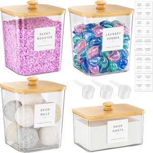 4 Pack Bamboo Laundry Pods Container, Clear Laundry Room Organization Containers,Large Laundry Detergent Powder Storage Containers Lids & Labels, Acrylic Laundry Pods Holder for Scent Booster