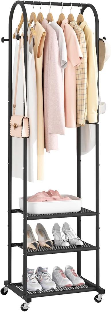 Kaitiemoo Heavy Duty Clothing Rack with Wheels,Modern Garment Rack with 3 Metal Shelves, 71.8Inches Display Rack for Hanging Clothes, Hanging Rod for Small Space,Black