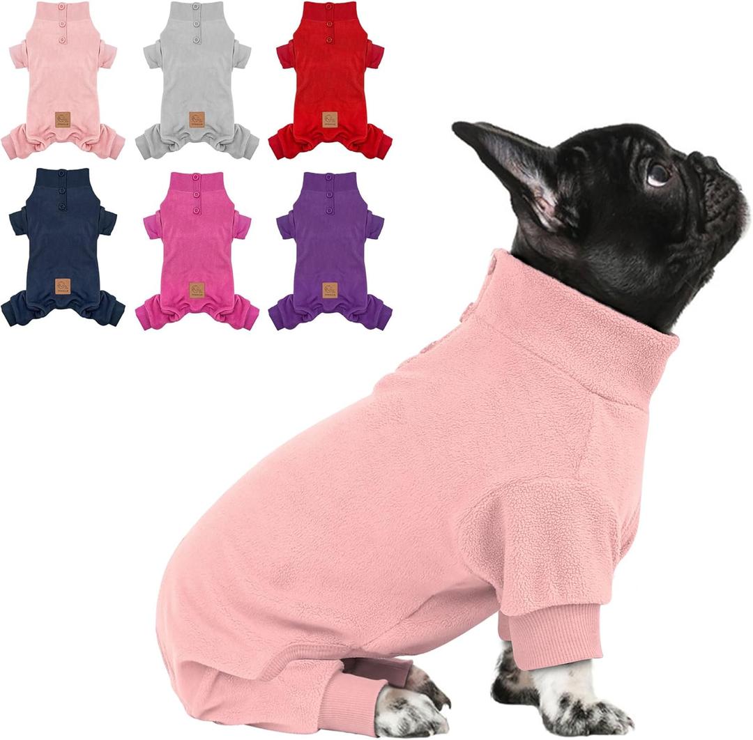 cyeollo Fleece Dog Pajamas Warm Dog Winter Coat Thermal Soft Pjs Small Dogs Onesie Stretchy Jumpsuit Doggie Pet Clothes Outfits Cat Apparel, Pink S (Small (chest Girth: 13"-15"))