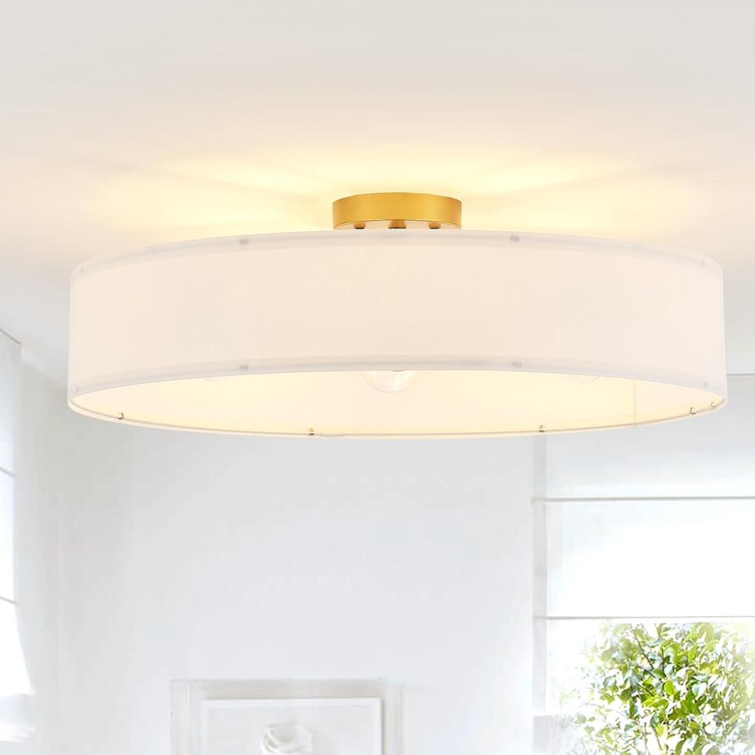 VILUXY Gold SemiFlush Mount Ceiling Light Fixture with 24" Large White Fabric Drum Shade 5Light for Bedroom Dining Room Entryway Round Ceiling Lamps