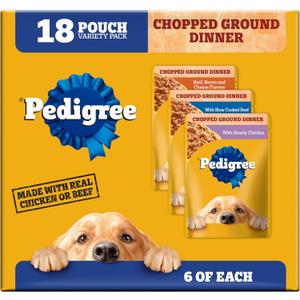 Pedigree Chopped Ground Dinner Adult Wet Dog Food Cheese Variety Pack, (18) 3.5 oz. Pouches