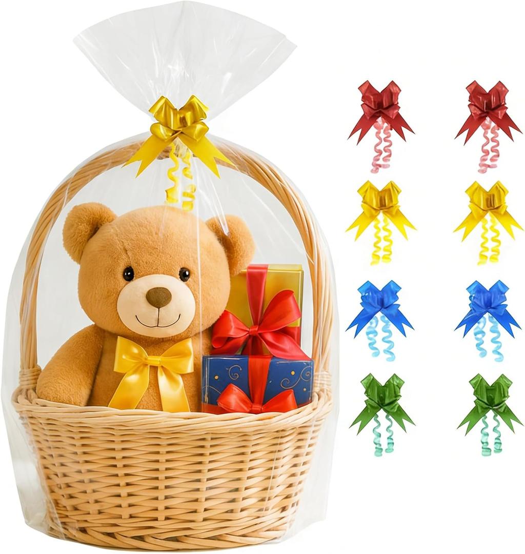 Volokitx 7-Pack 40x50 Inch Clear Cellophane Bags with 8 Colorful Pull Bows,Extra Large Cellophane Wrap for Gift Baskets, Baby Showers, Raffles, and Charity Auctions