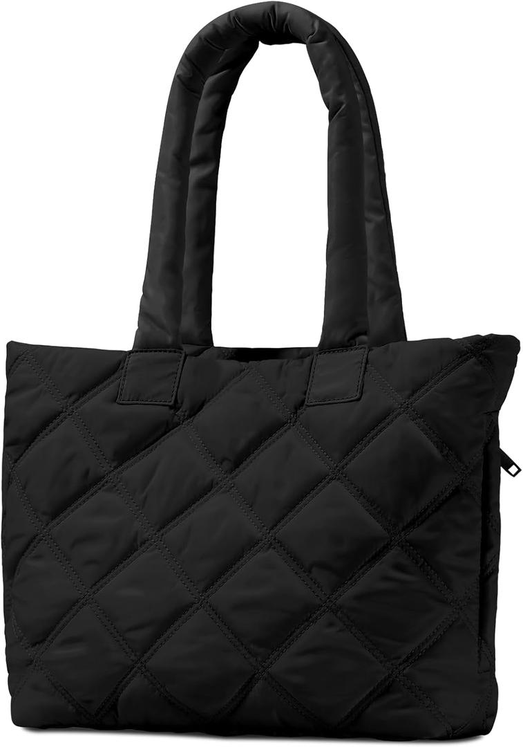 soewten Puffer Tote Bag for Women, Quilted Bag with Zipper, Small Tote HandBags for Work, Travel (Medium-black)