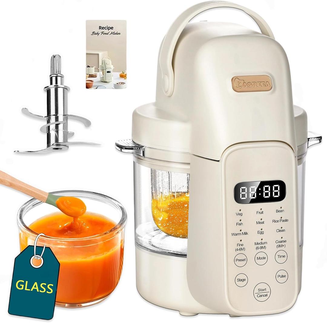 IAGREEA 9 IN 1 Glass Baby Food Maker, One Step Baby Food Processor Steamer Puree Blender Grinder Mills Machine, Auto Cooking & Grinding for Healthy Homemade Baby Food with 3 Age Stages, BPA-Free