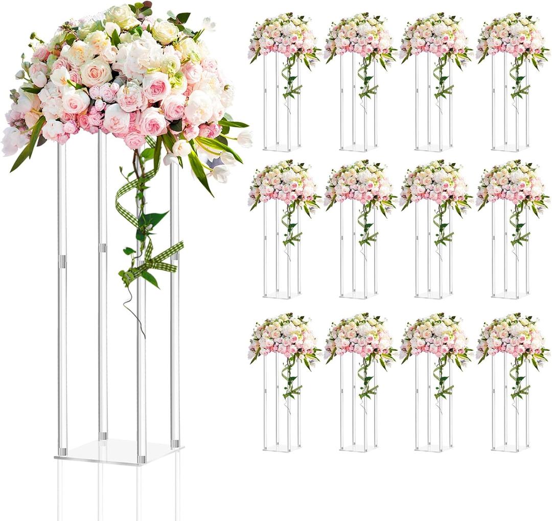 Geetery 12 Pieces Tall Acrylic Vase Wedding Centerpieces Clear Flower Stand Column Geometric Floral Vase Elegant Display Holder for Birthday Party Wedding Table Decorations (20 Inch)