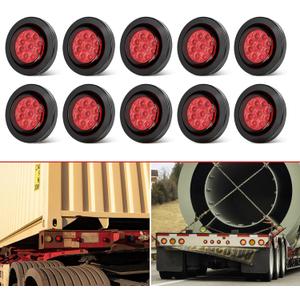 10PCS 2" Inch Round Red Trailer LED Side Marker Clearance Lights Kit Waterproof 9 LED w/Grommets and 2 Prong Pigtails for 12V Truck Trailer RV Van Boat