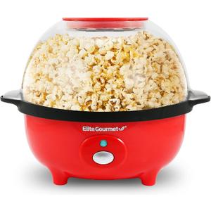 Elite Gourmet EPM330R Automatic Stirring 12-cup Popcorn Maker Popper, Hot Oil Popcorn Machine w/Measuring Cap & Built-in Reversible Serving Bowl, Great for Home Party Kids, Safety ETL Approved, Red