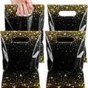 Pasimy 50 Pcs Black and Gold Party Favor Gift Bags Die Cut Plastic Treat Goodie Merchandise with Handle for Birthday Party Wedding Bridal Baby Shower 2026 New Year Gift Supplies