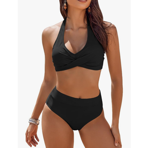 AI'MAGE Women's High Waisted Bikini Sets Tummy Control Swimsuits 2025 Two Piece Bathing Suits Color Block Halter Swim Suits, Black Color ,2XL