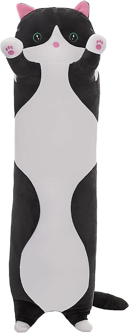 Cute Cat Plush Long Body Pillow  Soft Cartoon Stuffed Animal Doll, Kawaii Cat Plushie Cuddle Toy for Kids, Girls & Girlfriend (Black, 19.7 Inch)