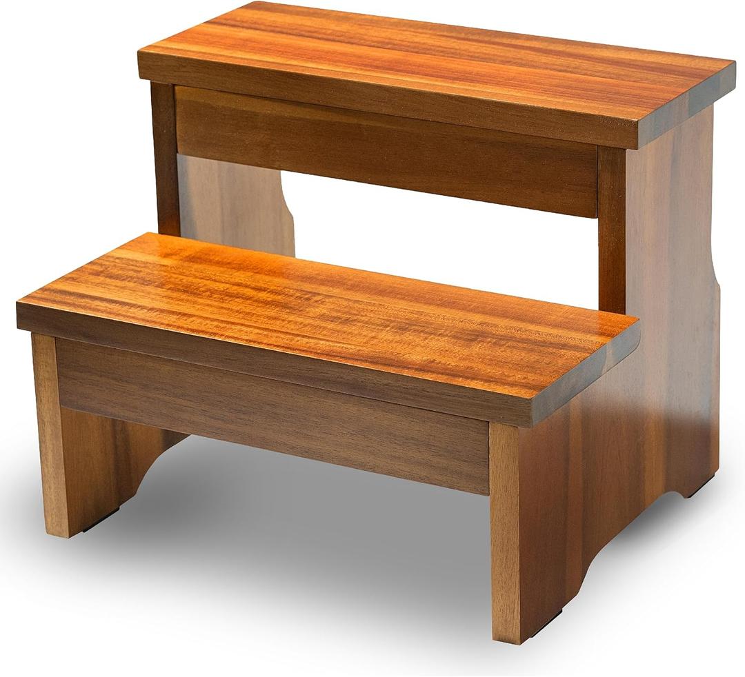 Wooden Two Step Stool, Heavy Duty 2-Step Ladder for Adults & Kids, Supports up to 450lbs for Kitchen, Bathroom or Bedside Use (Acacia Wood) (Acacica)