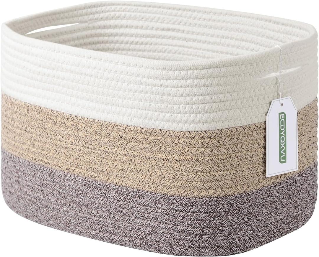 Cotton Rope Storage Basket, 15x10x9 Inches, Woven Basket for Shelves, Clothes, Toys, Towels, Books, and Laundry, Durable and Stylish, White Brown (1 Pack)