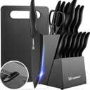 16 Pieces Kitchen Knife Block Set with Cutting Board, German Stainless Steel Knife Set with Sharpener, Dishwasher Safe, Anti-Slip Handle, 6 Steak Knives, Black