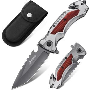 NedFoss Pocket Folding Knife DA169, 4 in 1 Pocket Knife for Men, Survival Knife with Liner-Lock Belt Clip, Seat Belt Cutter, Glass Breaker,Bottle Opener, Hunting knife for Camping Hiking (Grey)