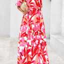PRETTYGARDEN Women's Summer Maxi Dress 2026 Resort Wear Boho Floral V Neck Puff Short Sleeve Ruffle Flowy Beach Long Dresses (Red, XL)
