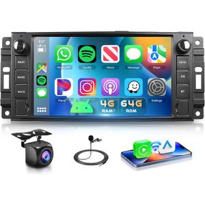 4G 64G Car Stereo for Jeep Wrangler JK Compass Patriot Dodge RAM 1500/2500 Radio, 7" IPS Touch Screen DSP Wireless Carplay Android Auto Bluetooth 5.0 Android 15 GPS FM/RDS WiFi Backup Camera