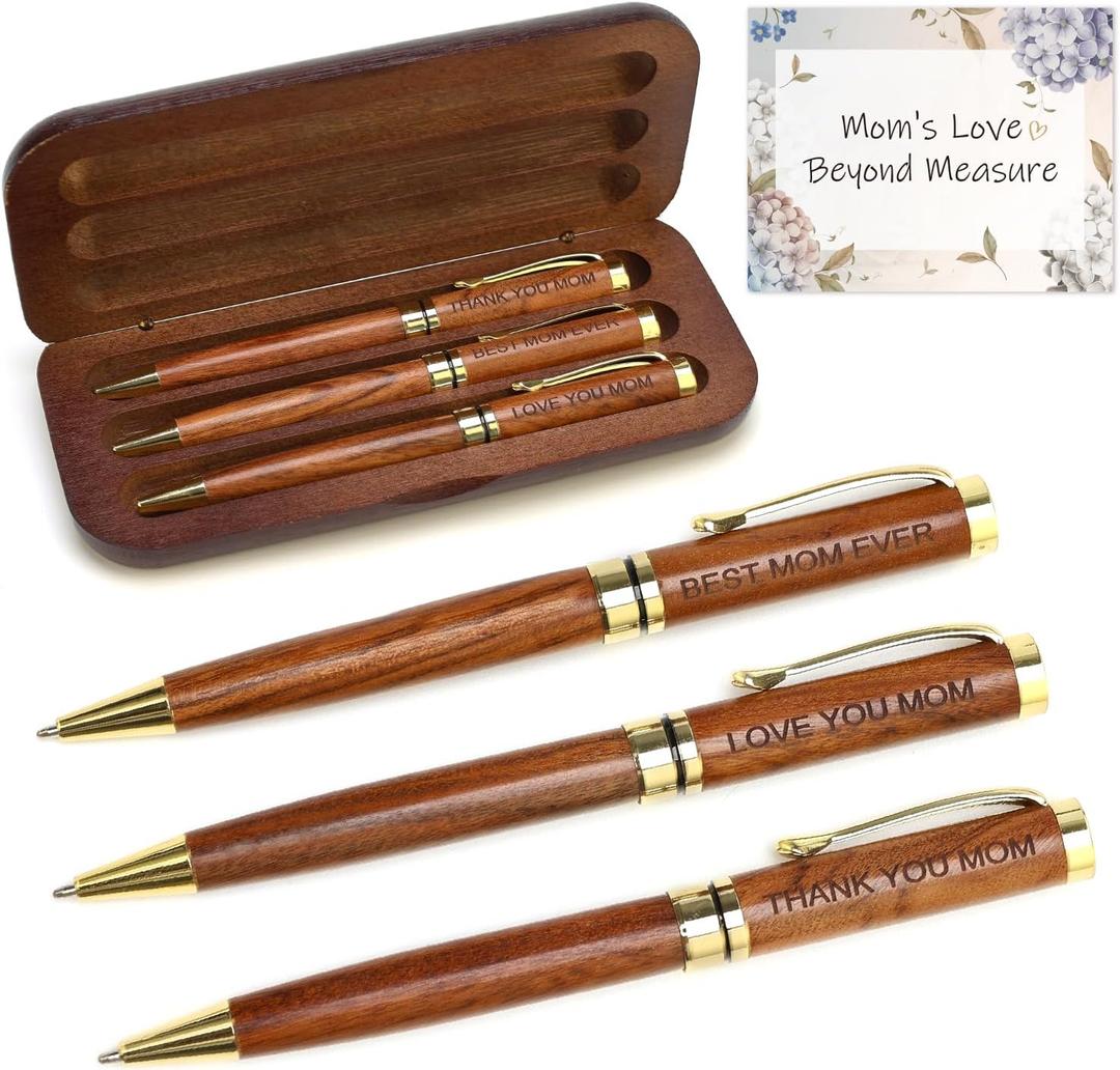 Renawe Cool Wooden Pens with Pen Box Gift for Mom, Mother In Law, Christmas, Mother's Day, Birthday Ideas, Cute Engraved Pens, Unique Presents for New Mom from Daughter Son