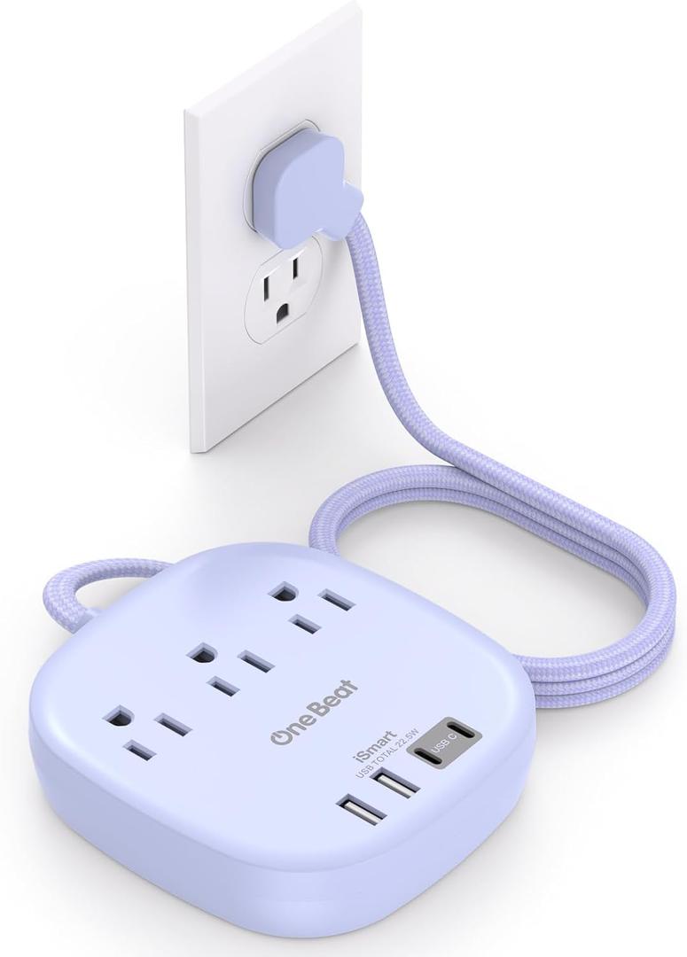 Flat Plug Power Strip, 6ft Purple Flat Extension Cord -3 Outlets 4 USB Ports (2 USBC) 22.5W/4.5A Desktop Charging Station, Power Strip No Surge Protection for Cruise Ship Dorm Room Travel Essentials