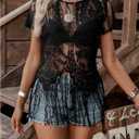 SweatyRocks Women's Sheer Lace Tops Short Sleeve Fringe See Through Blouse Crewneck Sexy Western Top (Black, M)