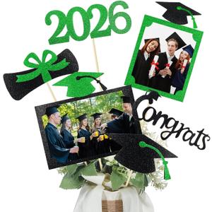 Qinyoung 2026 Graduation Decorations 30 Pcs Glittering Graduation Centerpiece for Tables Sticks Class of 2026 Grad Photo Centerpiece Party Decoration for Table Toppers(Green)