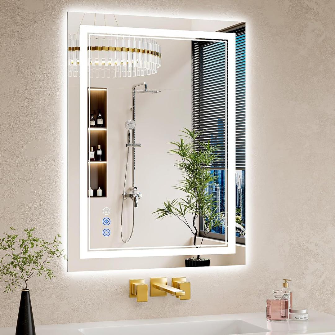 24"x32" LED Bathroom Mirror with Lights, Anti-Fog, Backlit + Front Lit, Dimmable, Led Vanity Mirror for Wall, Lighted Bathroom Mirror, 3 Colors, Shatter-Proof Tempered Glass (White)