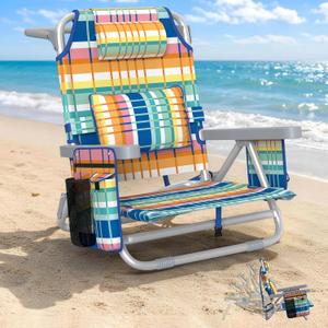 5-Position Backpack Beach Chair for Adults with Lumbar, Foldable Tall Heavy-Duty Beach Chairs with Cooler Bag,Cup Holder,Towel Rack for Beach, Camping, Outdoor