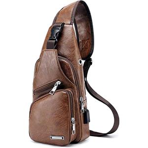 Seoky Rop Men's Sling Bag Small Chest Crossbody Shoulder Bag with USB Charging Port (Brown Leather)