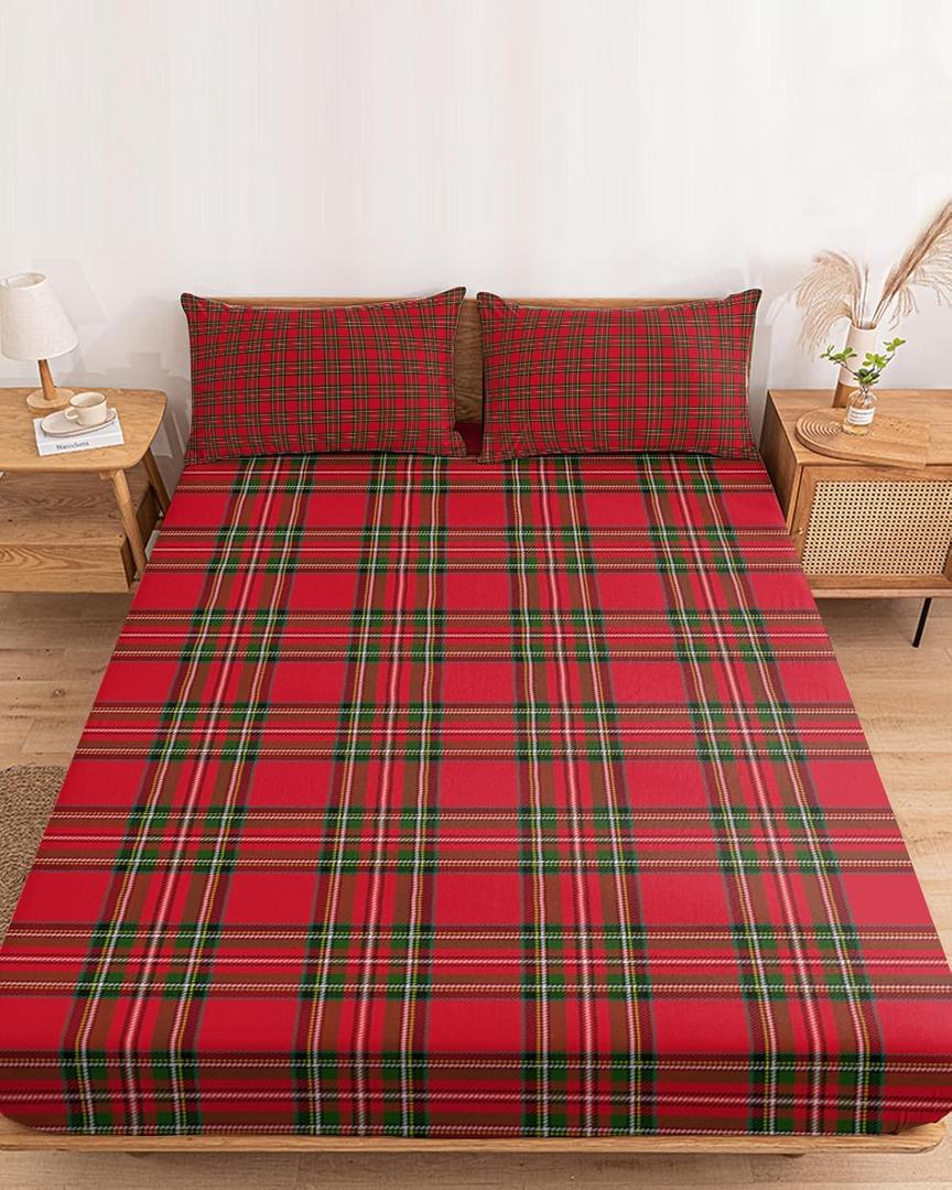 Winter Christmas Tartan Plaid Fitted Bed Sheets King Size Fit 5-16inch Deep Pockets,Luxury Bottom Sheet Bedding Set with Pillow Case,Green Red Buffalo Checker Fitted Sheet for Mattress