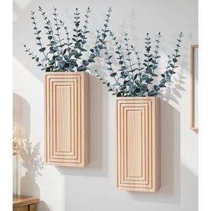Wooden Wall Planter Vase, 2 Pack Natural Wood Hanging Vases with Fake Eucalyptus for Indoor Modern Boho Farmhouse Wall Art Decor for Home Indoor Kitchen Modern Farmhouse Bathroom