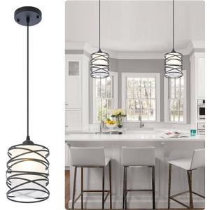 Modern Mini Pendant Light Fixture Kitchen Island Pendant Lighting 6.30''Matte Black Spiral Cage and Handblown Frosted Haze Glass Shade Hanging Lamp Adjustable Cord for Dining Room 1 Pack