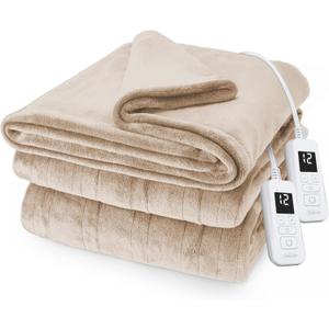 Sunbeam Royal Posh Velvet Heated Electric Blanket Queen Size, 90" x 84", 12 Heat Settings, 12-Hour Selectable Auto Shut-Off, Fast Heating, Machine Washable, Warm and Cozy, Champagne