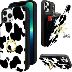 TopPerfekt Compatible with iPhone 13 Pro Wallet Case with Card Holder, 360° Rotation Finger Ring Holder Kickstand Protective RFID Blocking PU Leather Pattern Double Buttons Flip 6.1" Black Cow