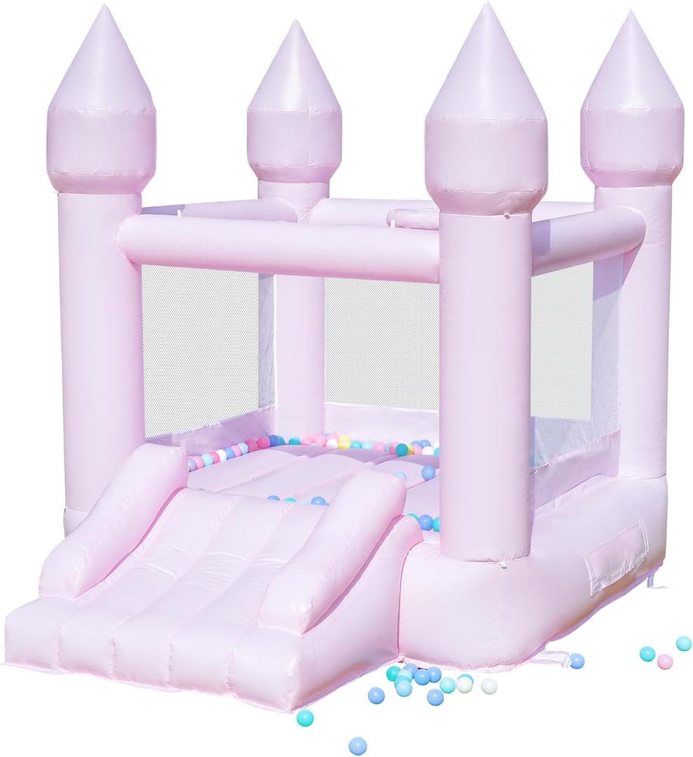 PVC Bounce House, Bounce House for Kids 3-6 with Blower & Slide, Pink Bouncy Castle for Toddlers 1-3 Indoor Outdoor, 8.9ft L x 6ft W x 7.1ft H, Nice Bouncy House for Your Party