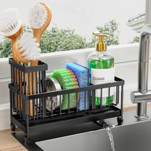 Cisily Sponge Holder for Kitchen Sink, Sink Caddy Organizer with High Brush Holder, Kitchen Countertop Organizers and Storage Essentials, Rustproof 304 Stainless Steel (Black, 9.25)