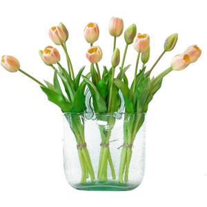 DUYONE 15pcs Artificial Tulips Flowers, Latex Bouquet, Fake Tulips for Office Wedding Party Home Kitchen Garden Decoration-B Pink Champagne